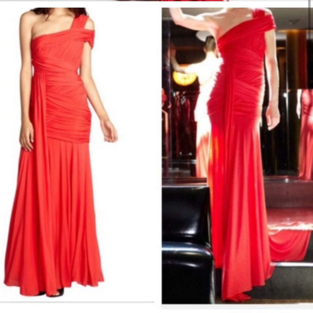 Halston Heritage Red One-Shouldered Draped Bandage Gown